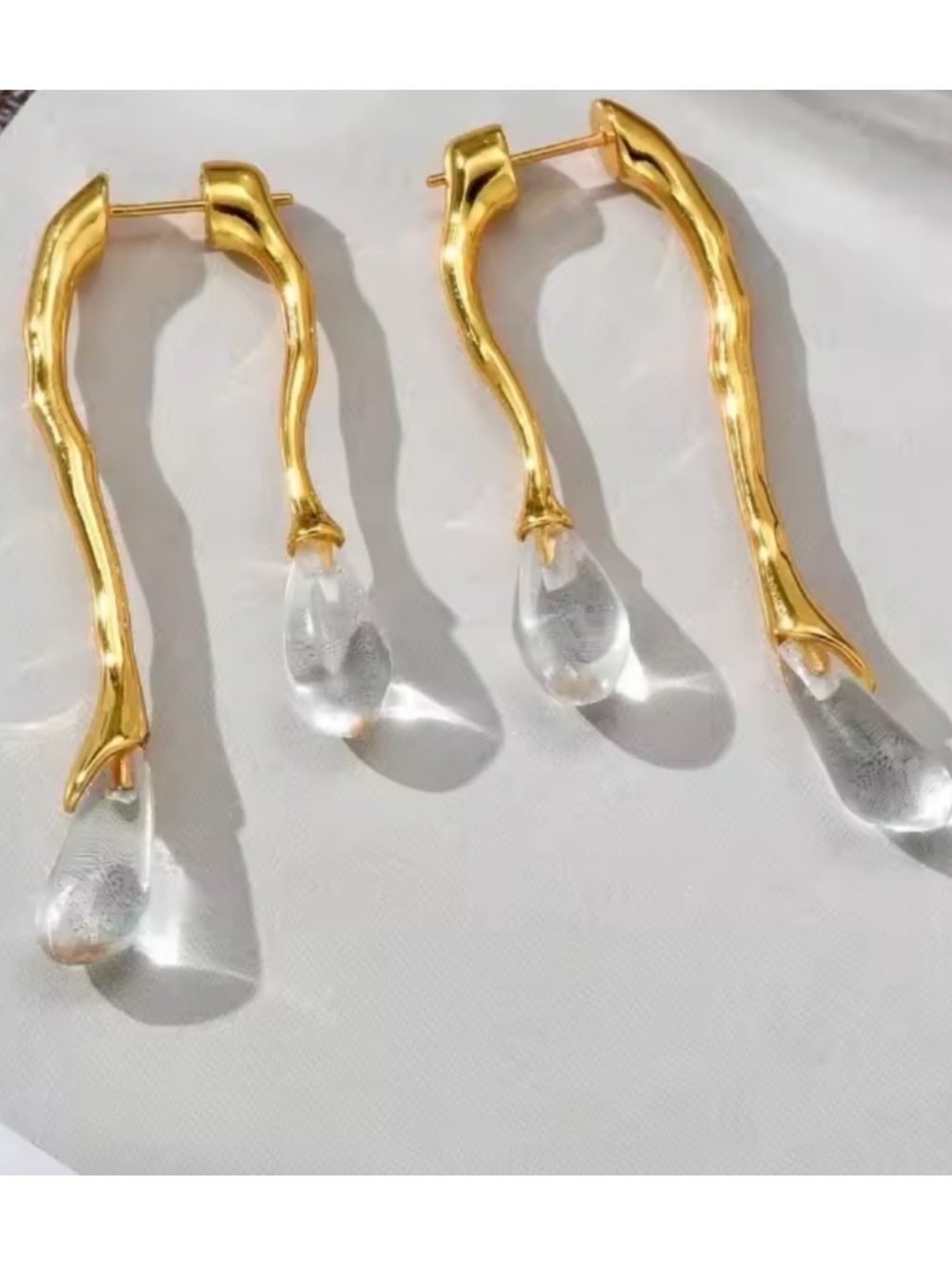 Gold Branch Earrings with Clear Teardrops